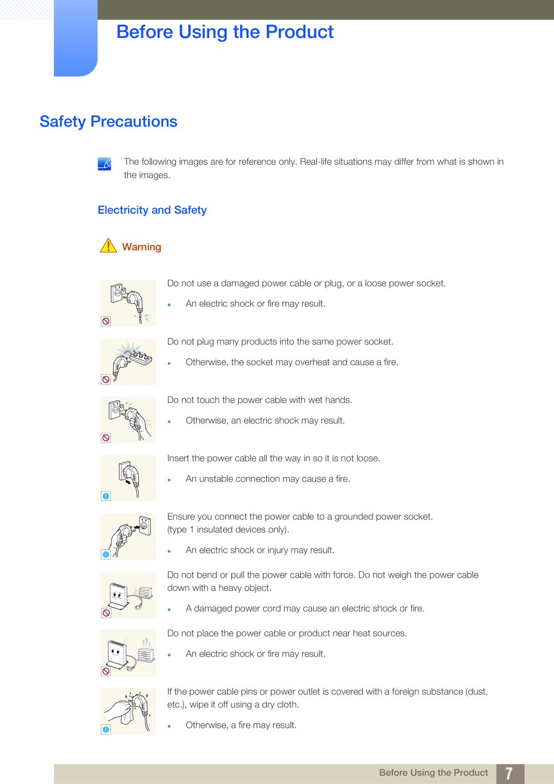 Samsung LF00FNXPFBZXXV, LF-NXN2N/EN, LF00FNXPFBZXEN Safety Precautions, Electricity and Safety, Before Using the Product 
