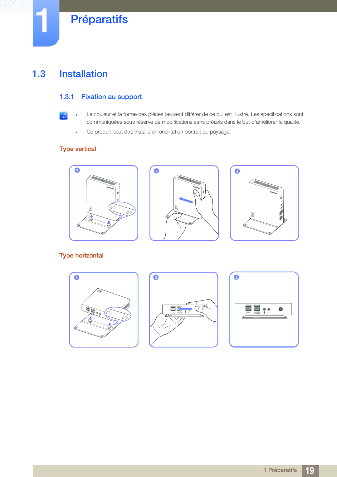 Samsung LF00FNXPFBZXEN, LF-NXN2N/EN manual Installation, Fixation au support, Type vertical Type horizontal 