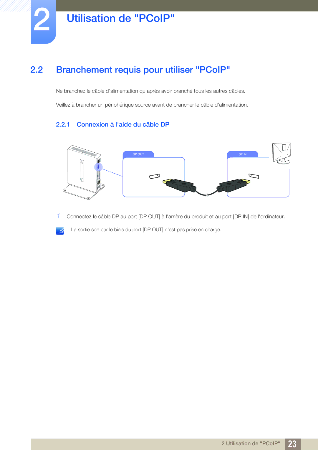 Samsung LF00FNXPFBZXEN, LF-NXN2N/EN manual Branchement requis pour utiliser PCoIP, Connexion à laide du câble DP 