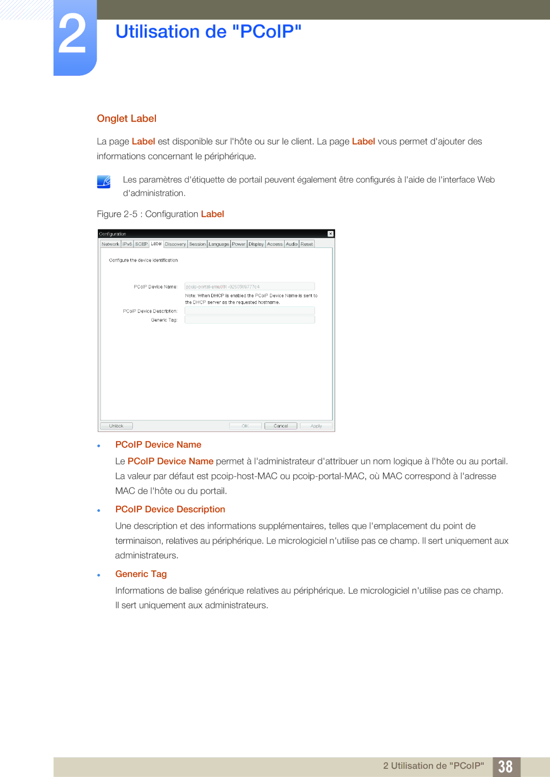 Samsung LF-NXN2N/EN, LF00FNXPFBZXEN manual Onglet Label, PCoIP Device Name, PCoIP Device Description, Generic Tag 