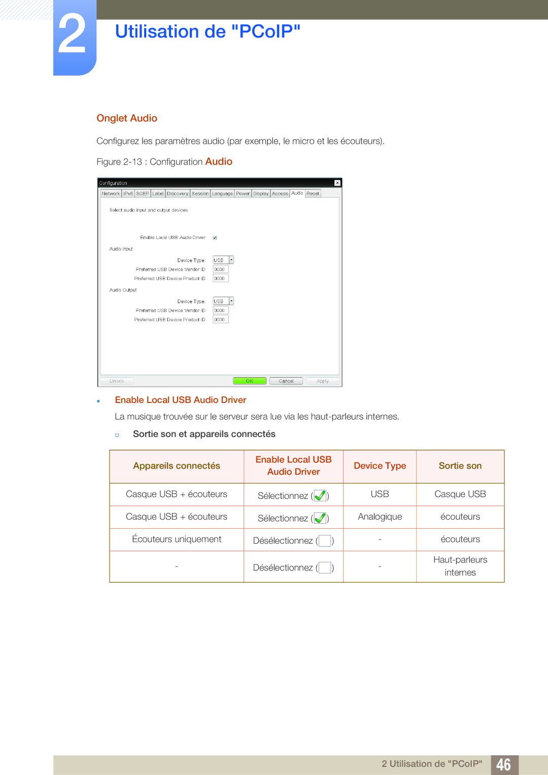 Samsung LF-NXN2N/EN, LF00FNXPFBZXEN manual Onglet Audio,  Enable Local USB Audio Driver, Enable Local USB Device Type 