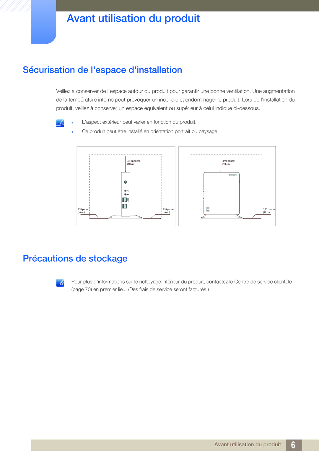 Samsung LF-NXN2N/EN, LF00FNXPFBZXEN manual Sécurisation de lespace dinstallation, Précautions de stockage 