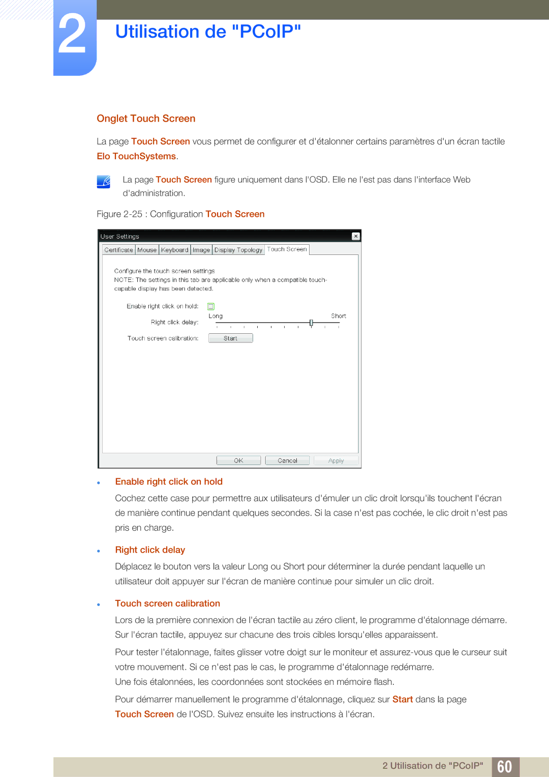 Samsung LF-NXN2N/EN Onglet Touch Screen,  Enable right click on hold,  Right click delay,  Touch screen calibration 