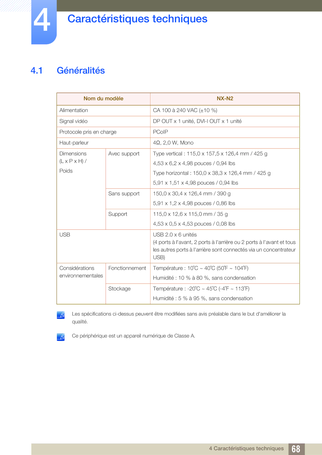 Samsung LF-NXN2N/EN, LF00FNXPFBZXEN manual Caractéristiques techniques, Généralités 