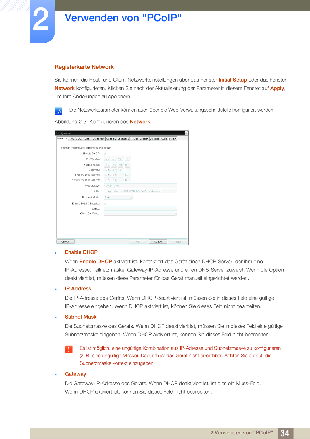 Samsung LF-NXN2N/EN, LF00FNXPFBZXEN manual Registerkarte Network, Enable Dhcp, IP Address, Gateway 