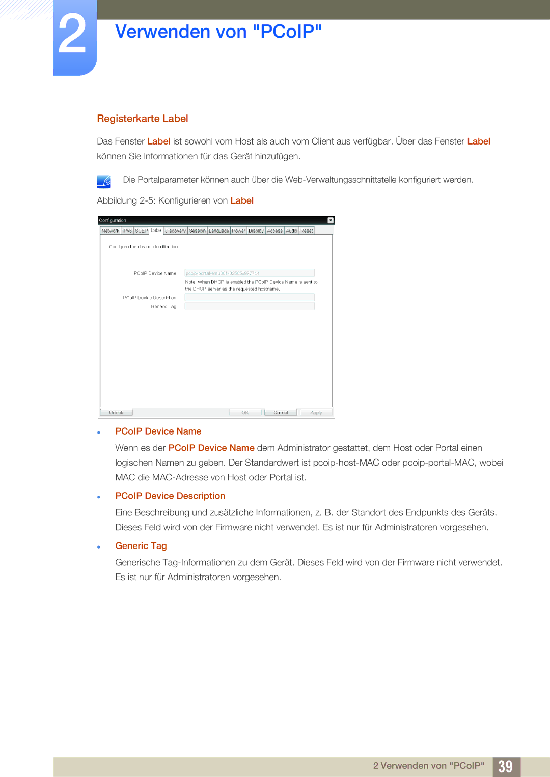 Samsung LF00FNXPFBZXEN, LF-NXN2N/EN manual Registerkarte Label, PCoIP Device Name, PCoIP Device Description 