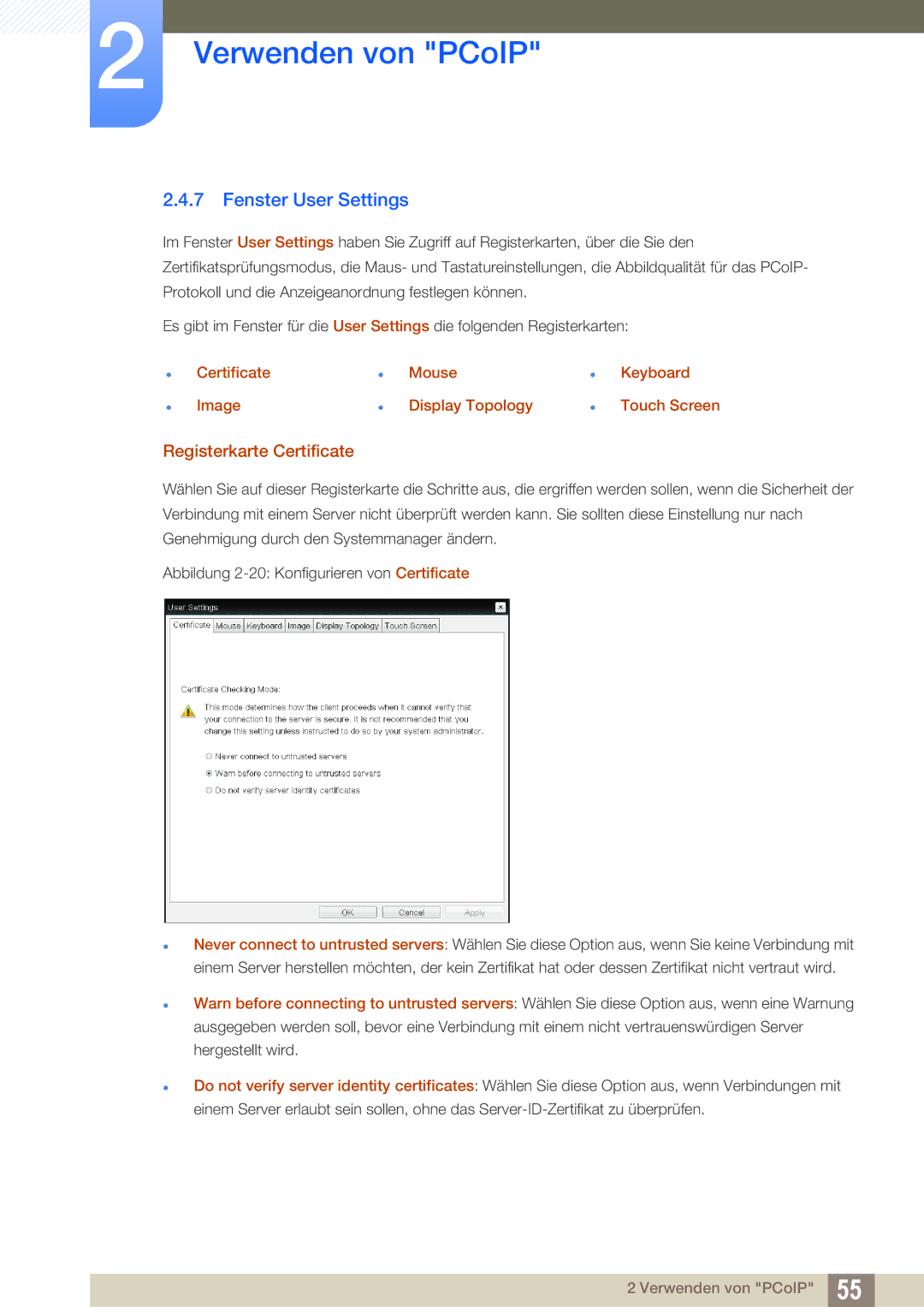 Samsung LF00FNXPFBZXEN, LF-NXN2N/EN manual Fenster User Settings, Registerkarte Certificate 