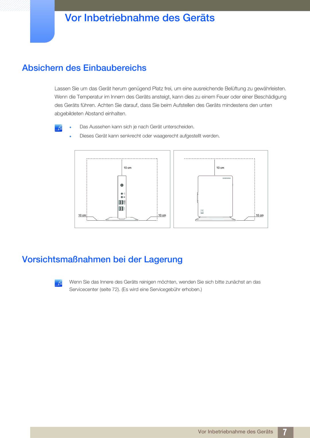 Samsung LF00FNXPFBZXEN, LF-NXN2N/EN manual Absichern des Einbaubereichs, Vorsichtsmaßnahmen bei der Lagerung 