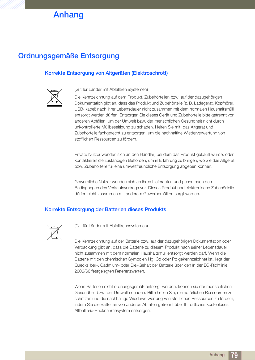 Samsung LF00FNXPFBZXEN, LF-NXN2N/EN manual Ordnungsgemäße Entsorgung, Korrekte Entsorgung von Altgeräten Elektroschrott 