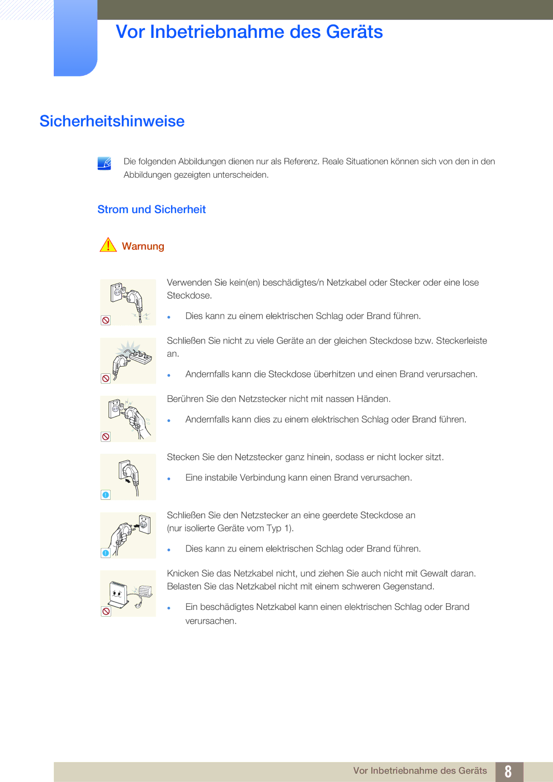 Samsung LF-NXN2N/EN, LF00FNXPFBZXEN manual Sicherheitshinweise, Strom und Sicherheit, Warnung 