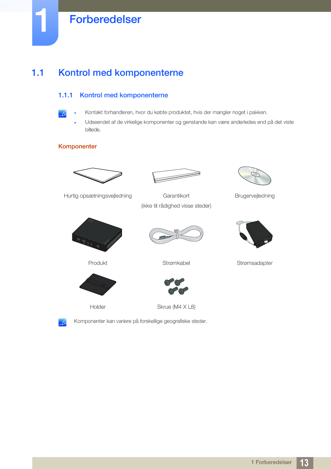 Samsung LF00FNXPFBZXEN, LF-NXN2N/EN manual Kontrol med komponenterne, Komponenter 