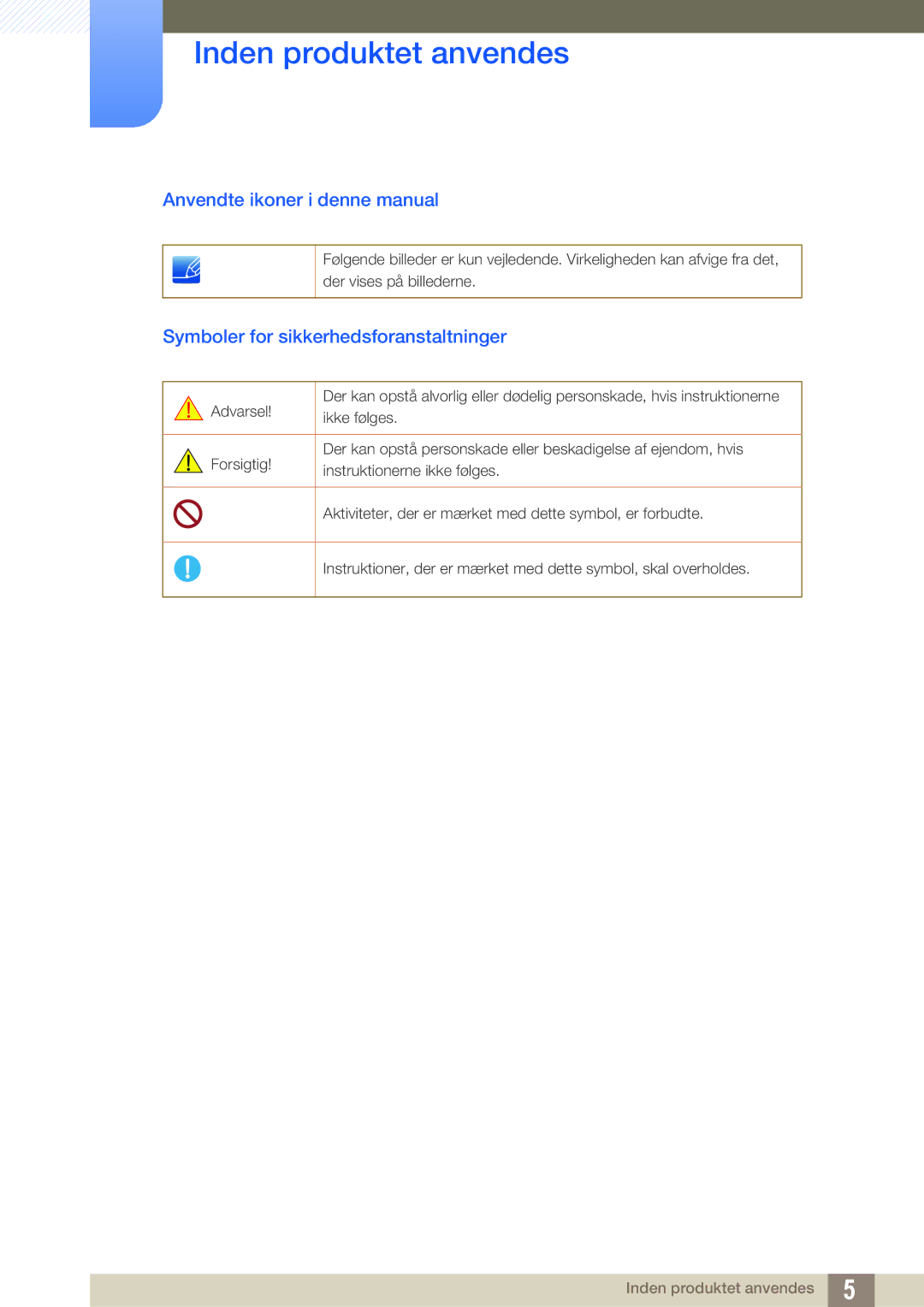 Samsung LF00FNXPFBZXEN, LF-NXN2N/EN Anvendte ikoner i denne manual, Symboler for sikkerhedsforanstaltninger 