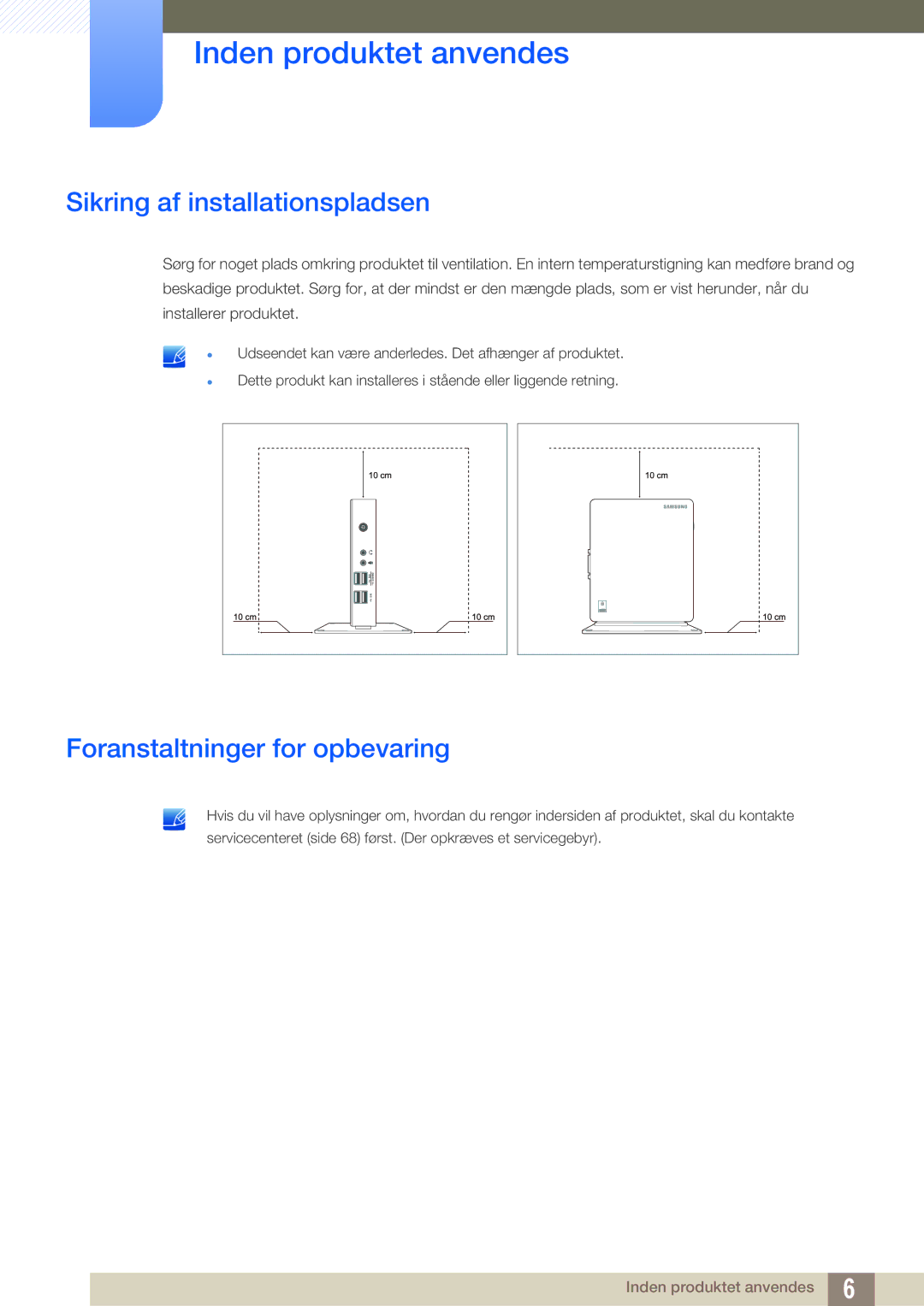 Samsung LF-NXN2N/EN, LF00FNXPFBZXEN manual Sikring af installationspladsen, Foranstaltninger for opbevaring 