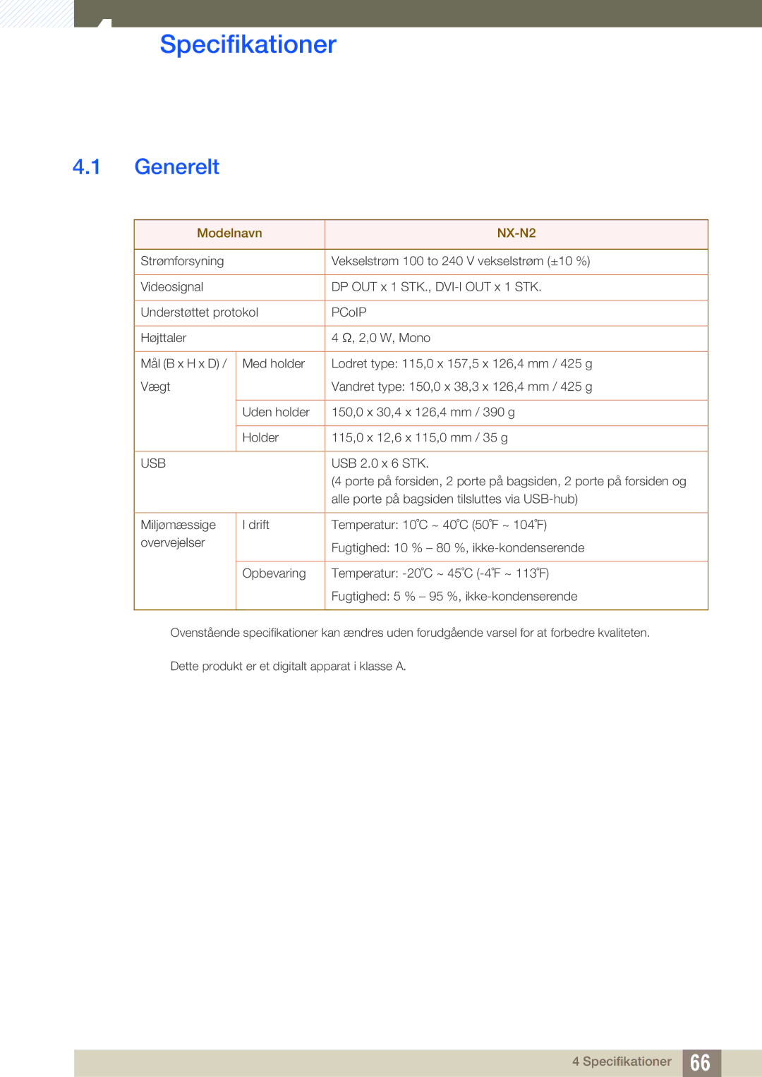 Samsung LF-NXN2N/EN, LF00FNXPFBZXEN manual Specifikationer, Generelt 