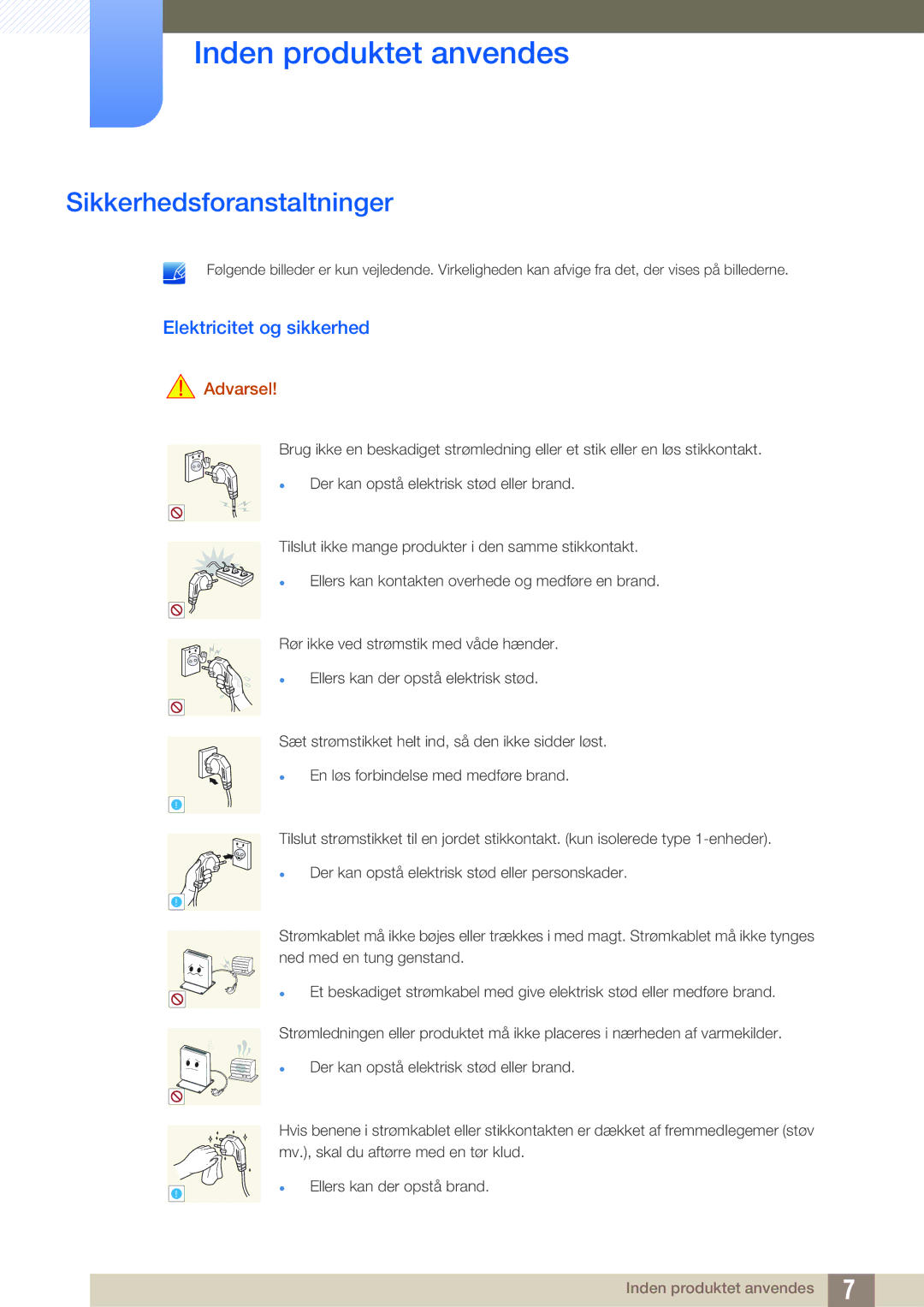 Samsung LF00FNXPFBZXEN, LF-NXN2N/EN manual Sikkerhedsforanstaltninger, Elektricitet og sikkerhed 