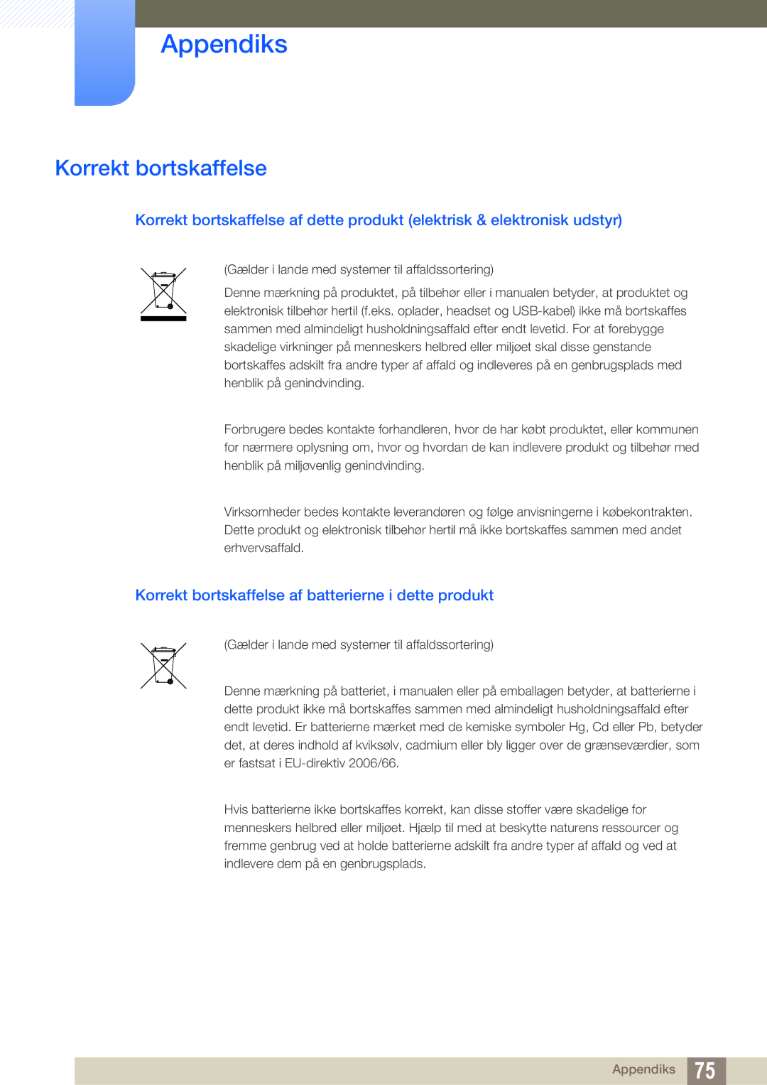 Samsung LF00FNXPFBZXEN, LF-NXN2N/EN manual Korrekt bortskaffelse af batterierne i dette produkt 