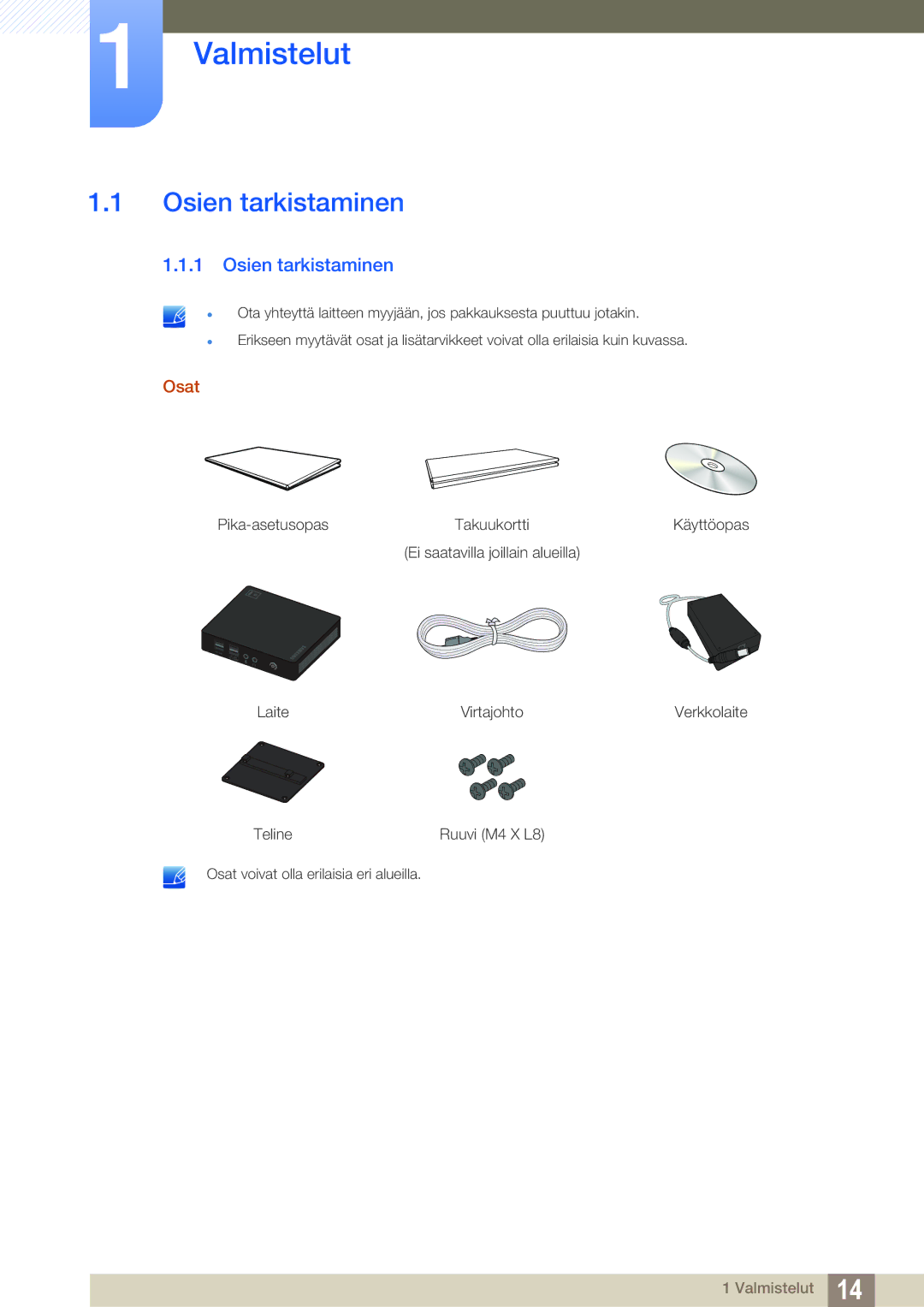 Samsung LF-NXN2N/EN, LF00FNXPFBZXEN manual Osien tarkistaminen, Osat 