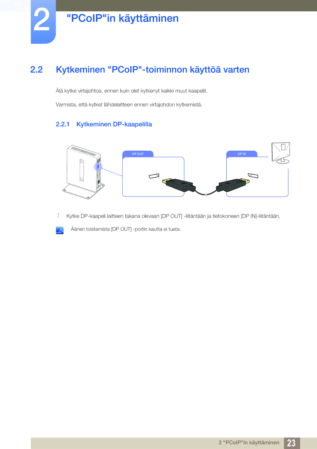 Samsung LF00FNXPFBZXEN, LF-NXN2N/EN manual Kytkeminen PCoIP-toiminnon käyttöä varten, Kytkeminen DP-kaapelilla 