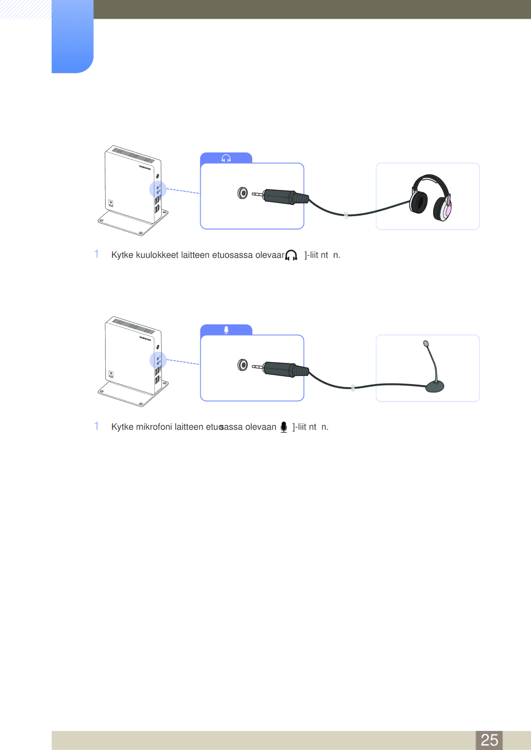 Samsung LF00FNXPFBZXEN, LF-NXN2N/EN manual Kytkeminen kuulokkeisiin, Mikrofonin kytkeminen 