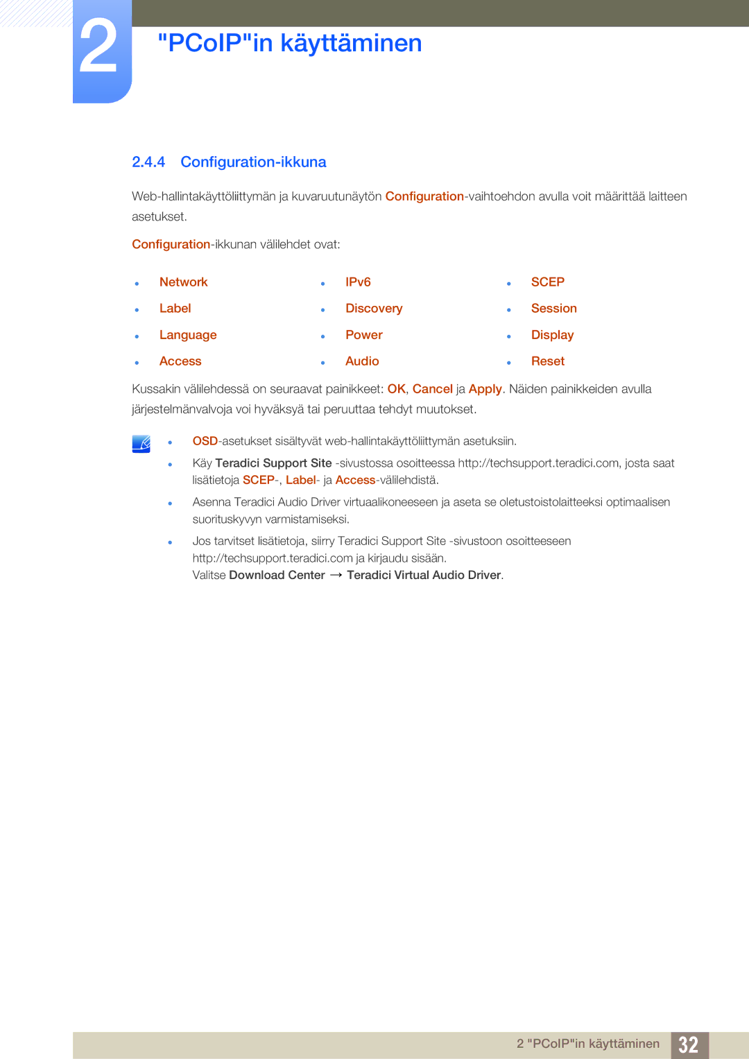 Samsung LF-NXN2N/EN Configuration-ikkuna, Network Label Language Access IPv6 Discovery Power Audio, Session Display Reset 