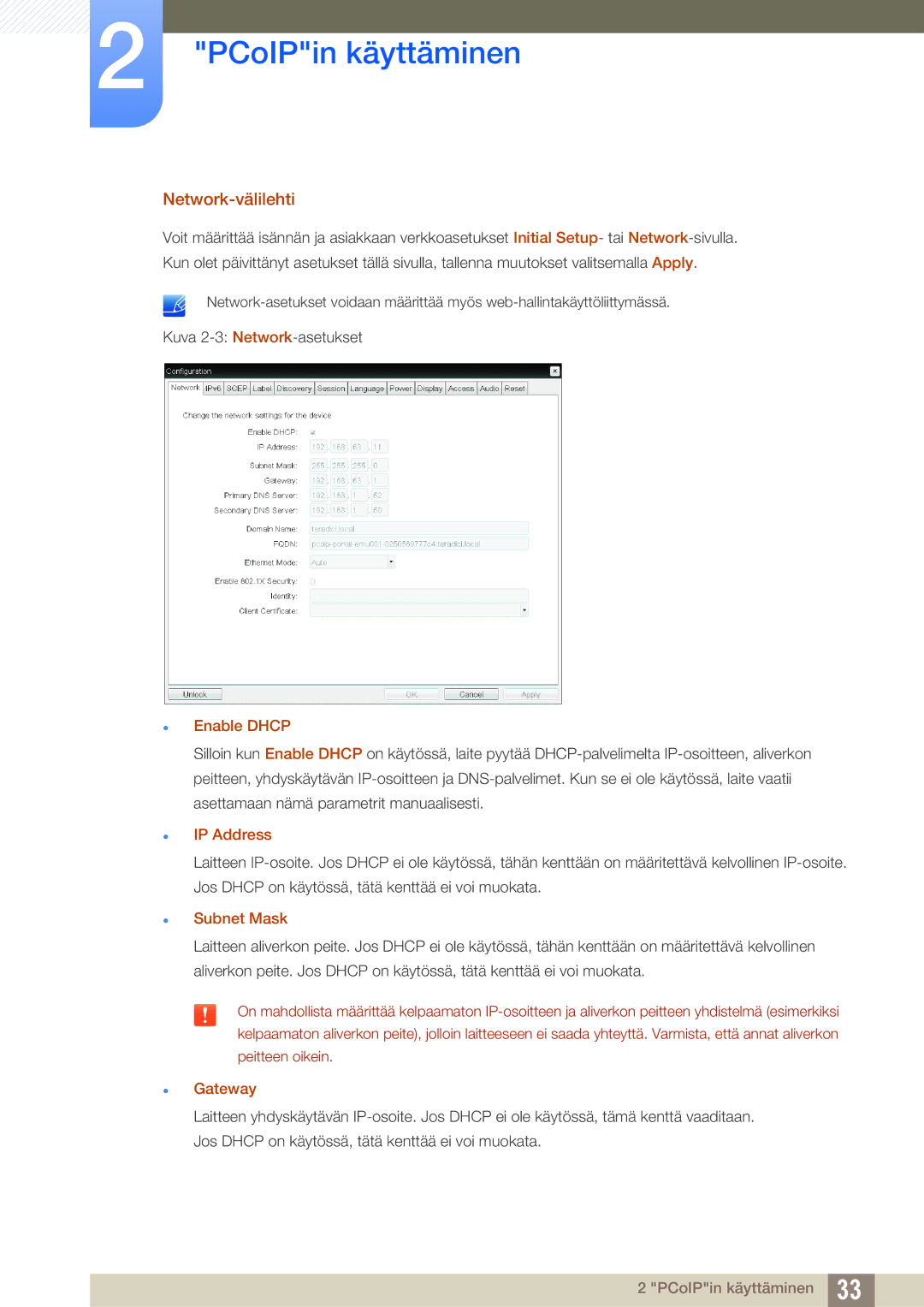 Samsung LF00FNXPFBZXEN, LF-NXN2N/EN manual Network-välilehti, Enable Dhcp, IP Address, Subnet Mask, Gateway 