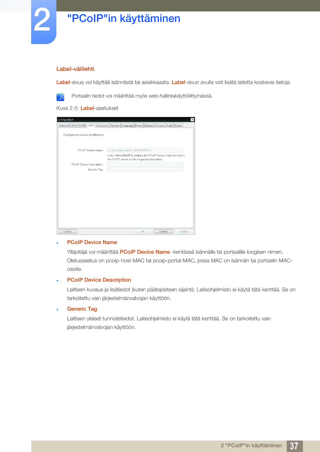 Samsung LF00FNXPFBZXEN, LF-NXN2N/EN manual Label-välilehti, PCoIP Device Name, PCoIP Device Description, Generic Tag 