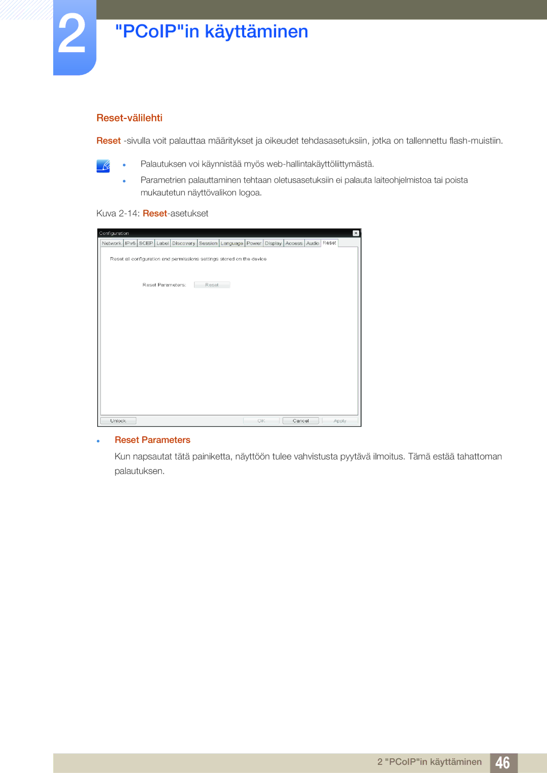 Samsung LF-NXN2N/EN, LF00FNXPFBZXEN manual Reset-välilehti,  Reset Parameters 