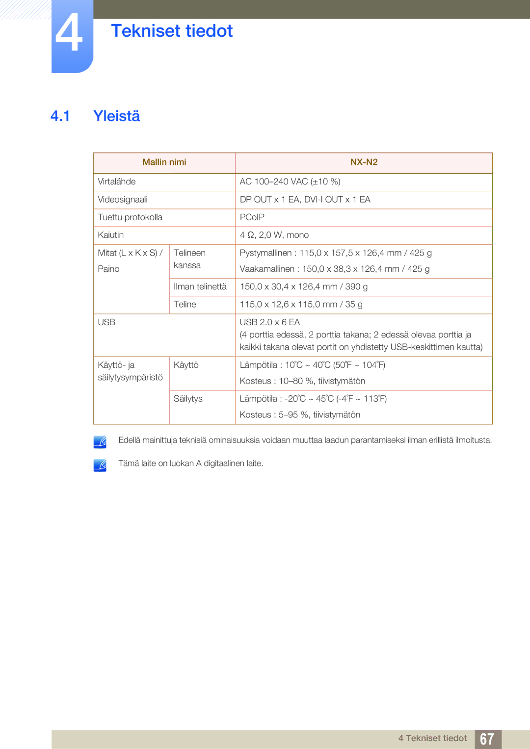 Samsung LF00FNXPFBZXEN, LF-NXN2N/EN manual Tekniset tiedot, Yleistä 