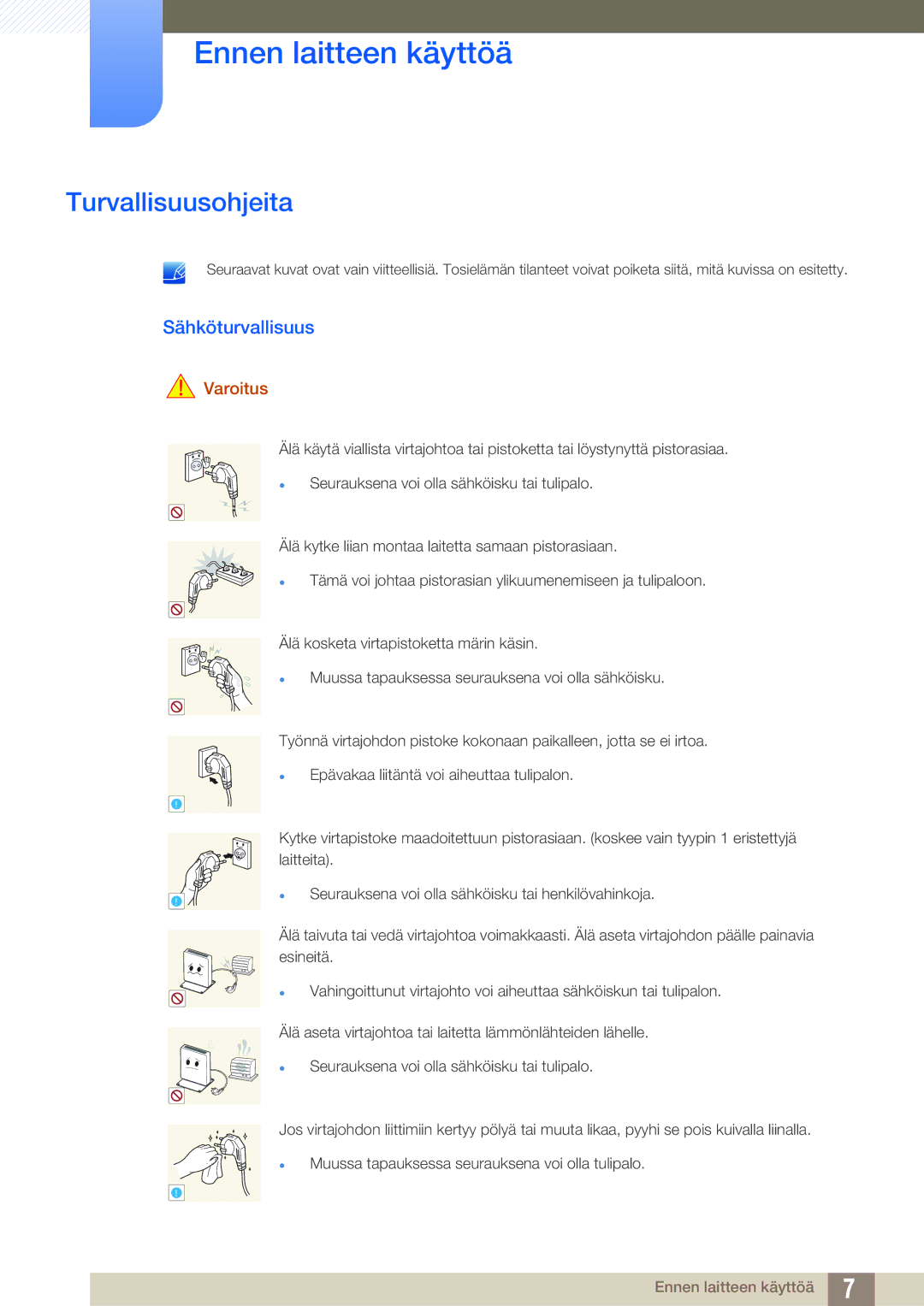 Samsung LF00FNXPFBZXEN, LF-NXN2N/EN manual Turvallisuusohjeita, Sähköturvallisuus, Varoitus 