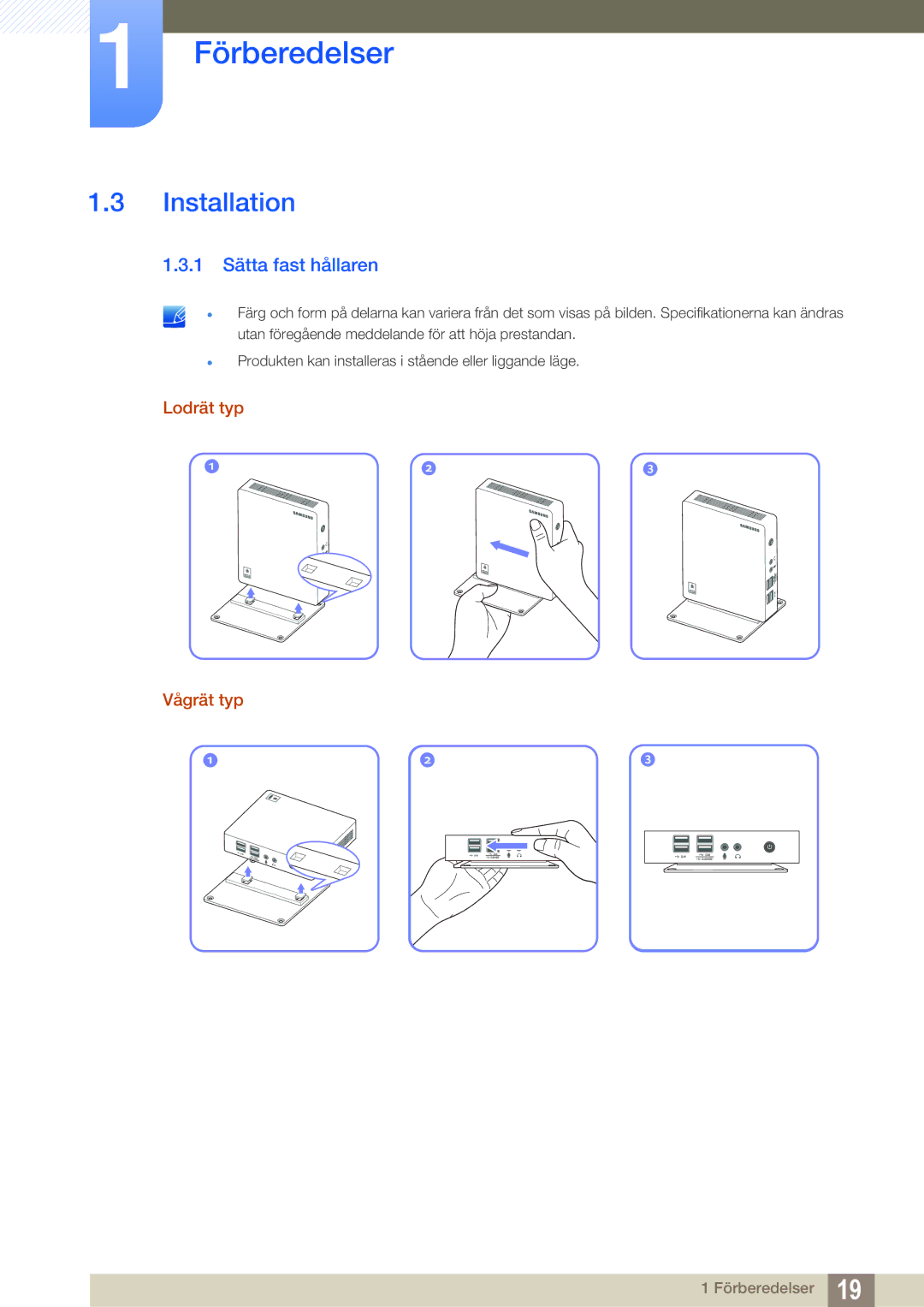 Samsung LF00FNXPFBZXEN, LF-NXN2N/EN manual Installation, 1 Sätta fast hållaren, Lodrät typ Vågrät typ 