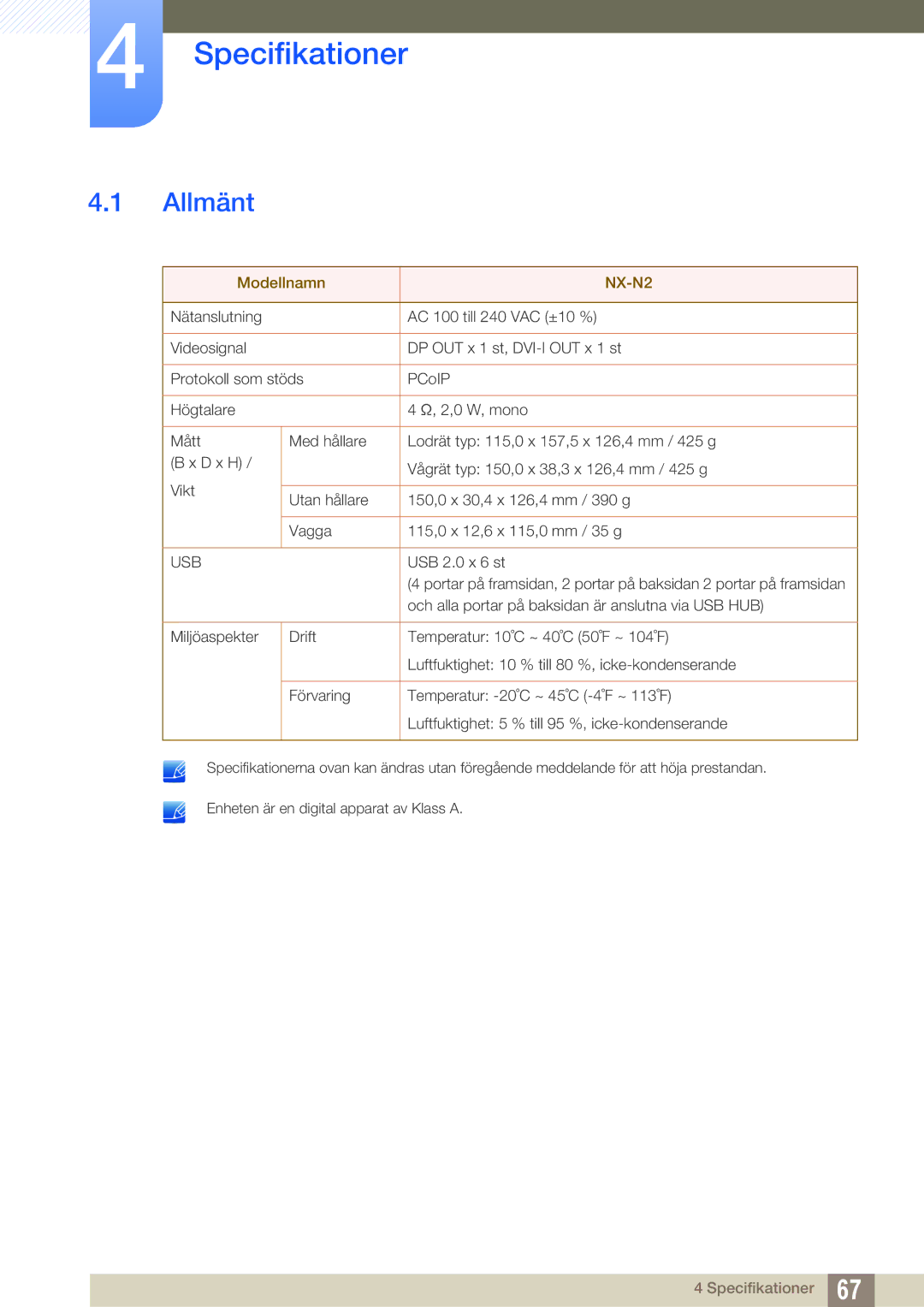 Samsung LF00FNXPFBZXEN, LF-NXN2N/EN manual Specifikationer, Allmänt 