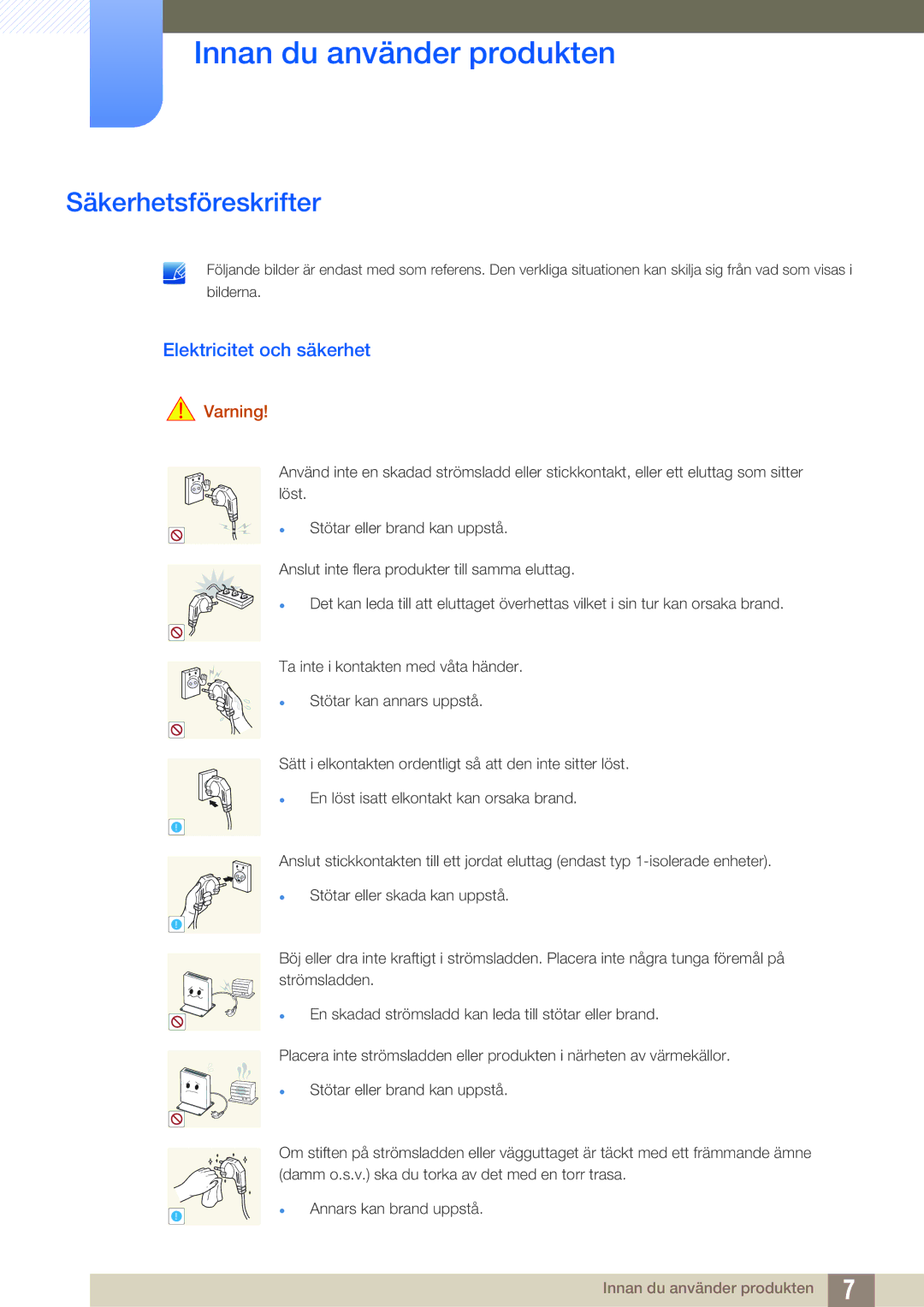 Samsung LF00FNXPFBZXEN, LF-NXN2N/EN manual Säkerhetsföreskrifter, Elektricitet och säkerhet, Varning 