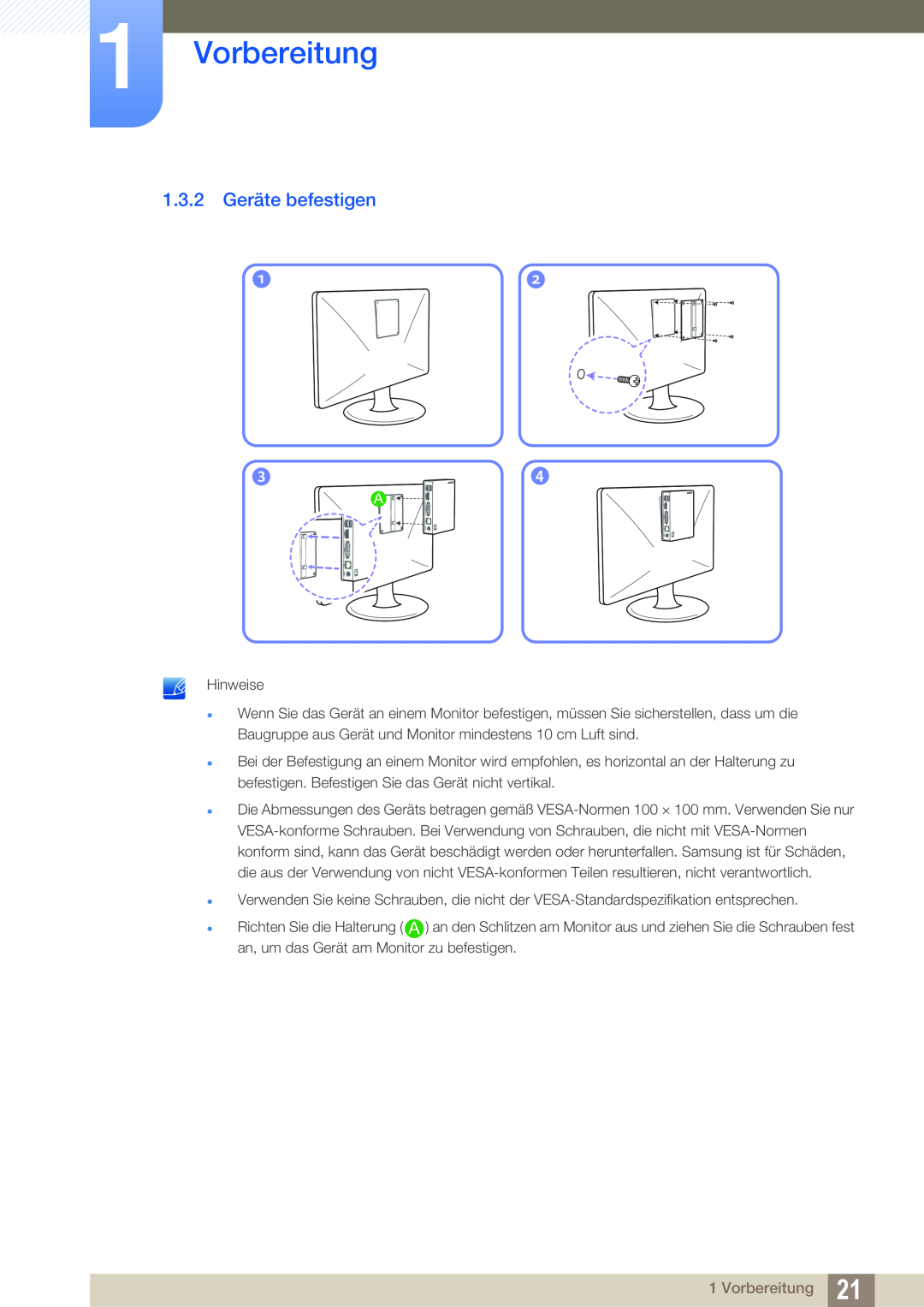 Samsung LF00FNXPFBZXEN, LF-NXN2N/EN manual 1.3.2 Geräte befestigen, Vorbereitung 