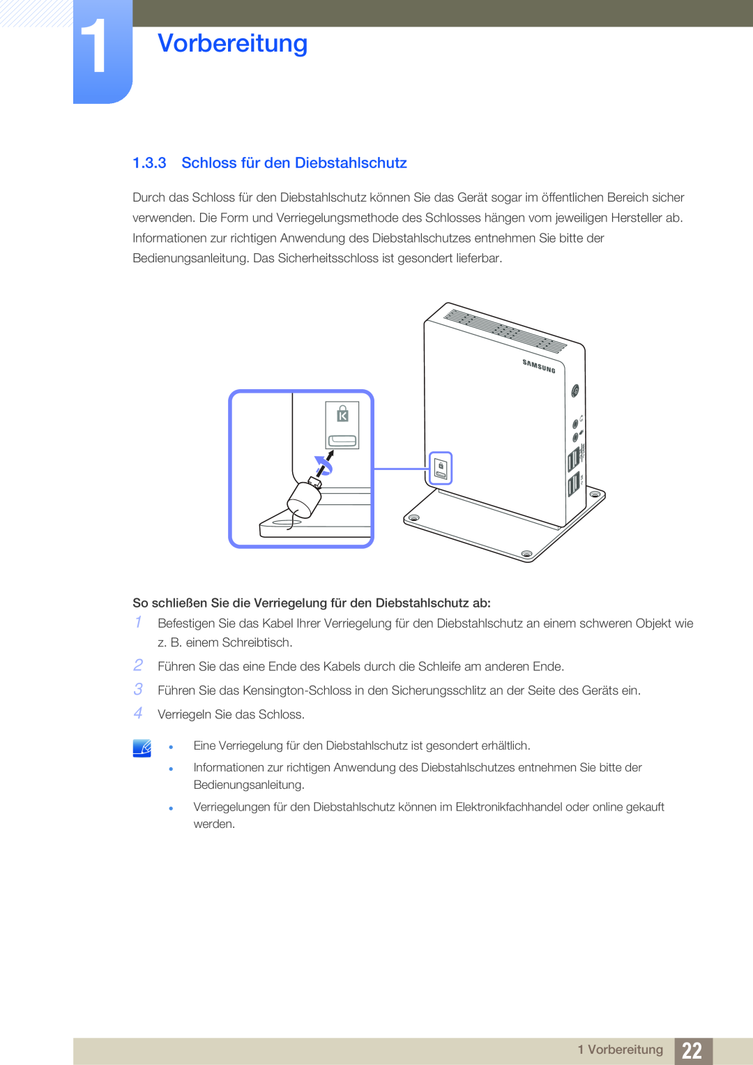 Samsung LF-NXN2N/EN, LF00FNXPFBZXEN manual Schloss für den Diebstahlschutz, Vorbereitung 