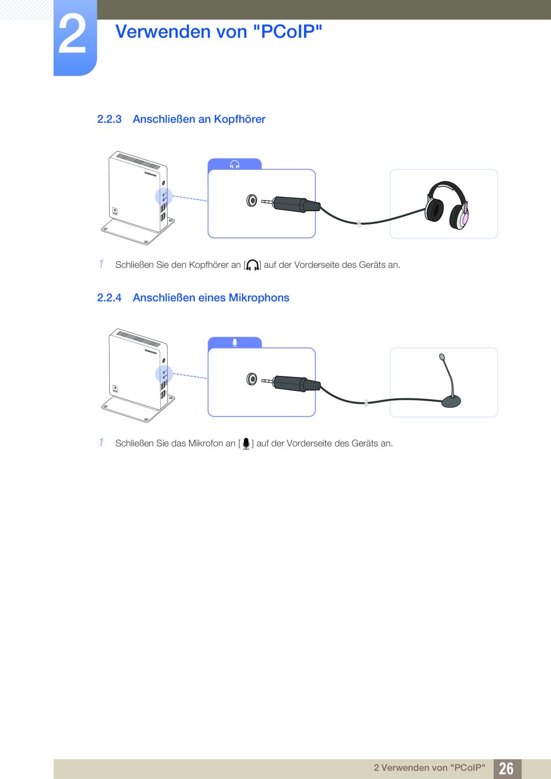 Samsung LF-NXN2N/EN, LF00FNXPFBZXEN manual Anschließen an Kopfhörer, Anschließen eines Mikrophons, Verwenden von PCoIP 
