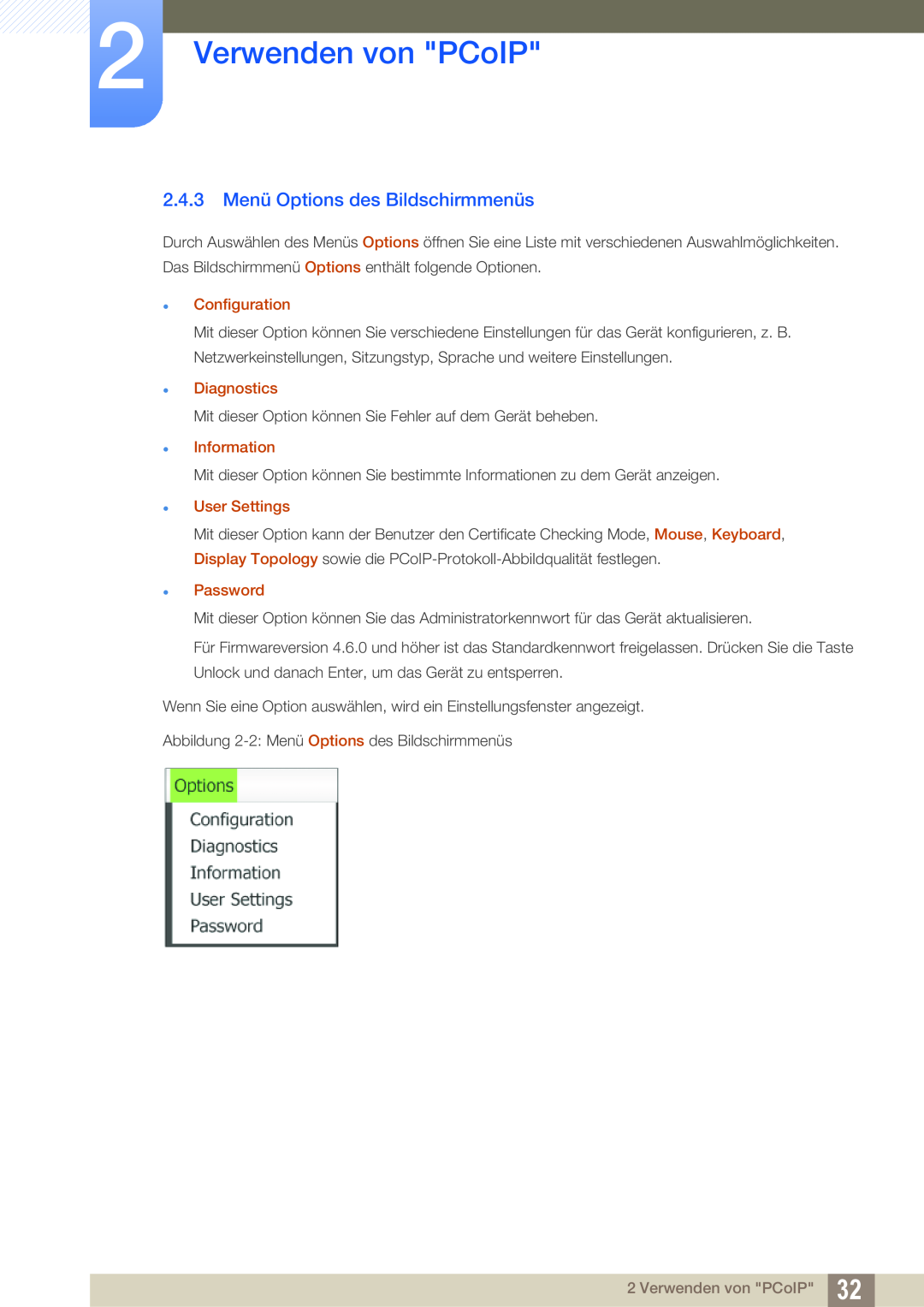 Samsung LF-NXN2N/EN manual 2.4.3 Menü Options des Bildschirmmenüs, Verwenden von PCoIP,  Configuration,  Diagnostics 