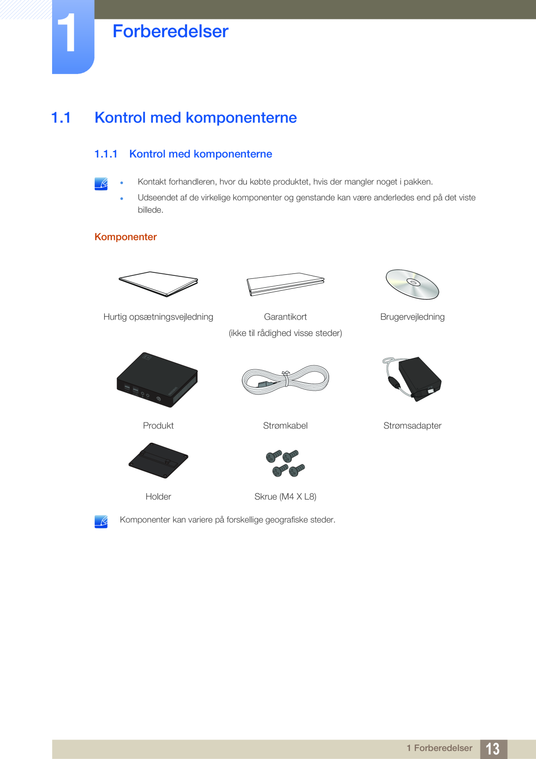 Samsung LF00FNXPFBZXEN, LF-NXN2N/EN manual Forberedelser, Kontrol med komponenterne, Komponenter 