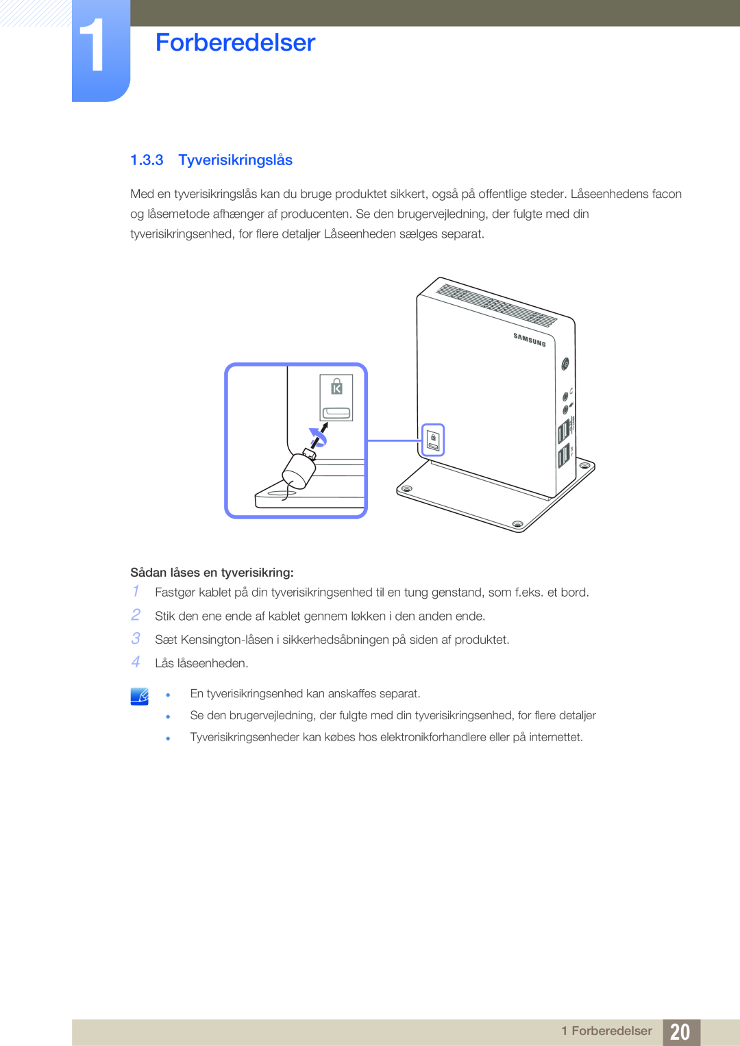 Samsung LF-NXN2N/EN, LF00FNXPFBZXEN manual Tyverisikringslås, Forberedelser 