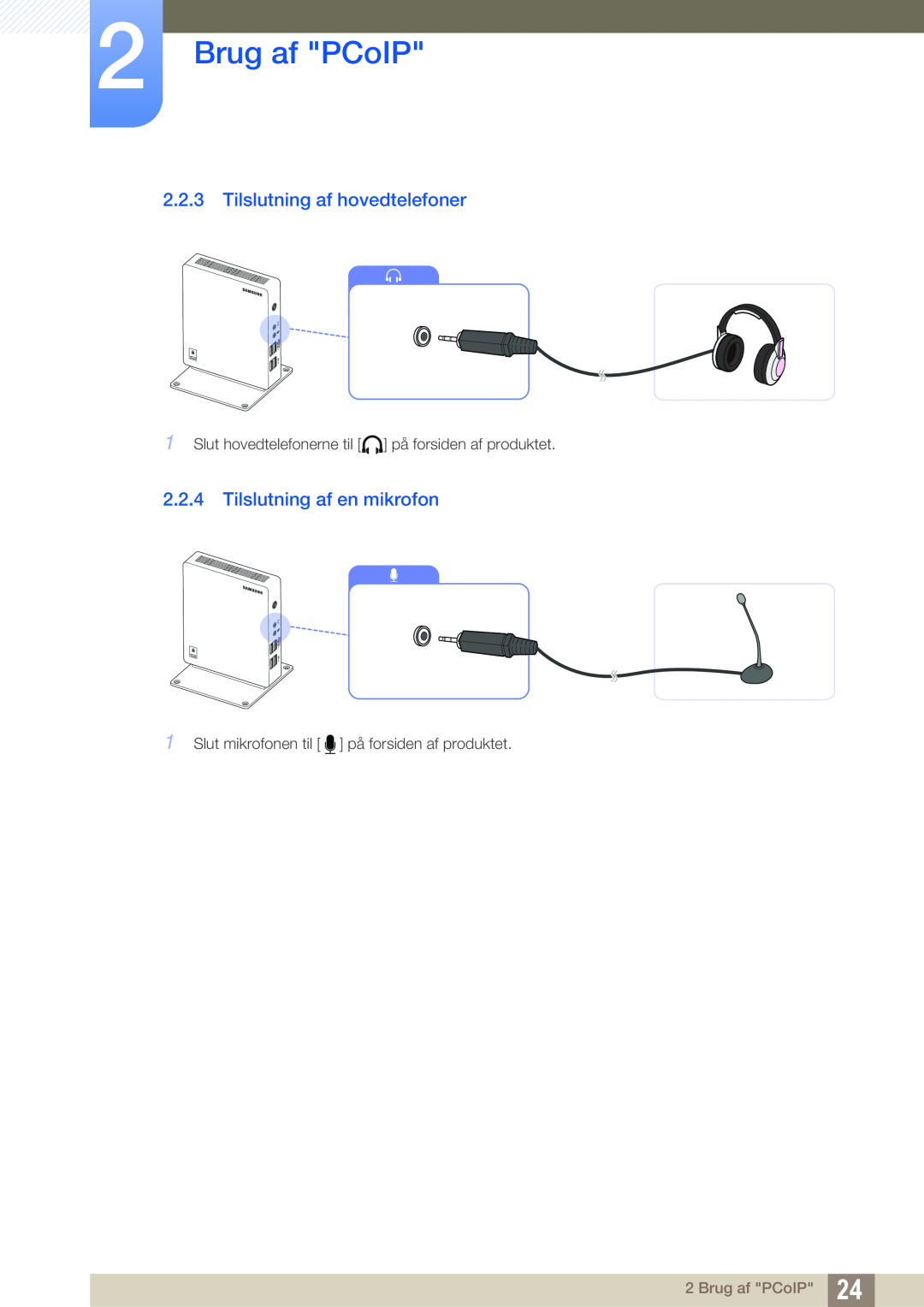 Samsung LF-NXN2N/EN, LF00FNXPFBZXEN manual Tilslutning af hovedtelefoner, Tilslutning af en mikrofon, Brug af PCoIP 