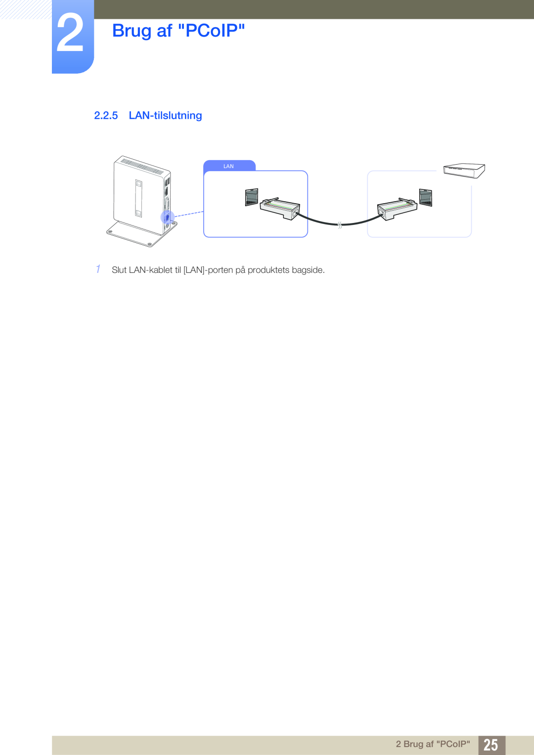 Samsung LF00FNXPFBZXEN, LF-NXN2N/EN LAN-tilslutning, Brug af PCoIP, Slut LAN-kablet til LAN-porten på produktets bagside 