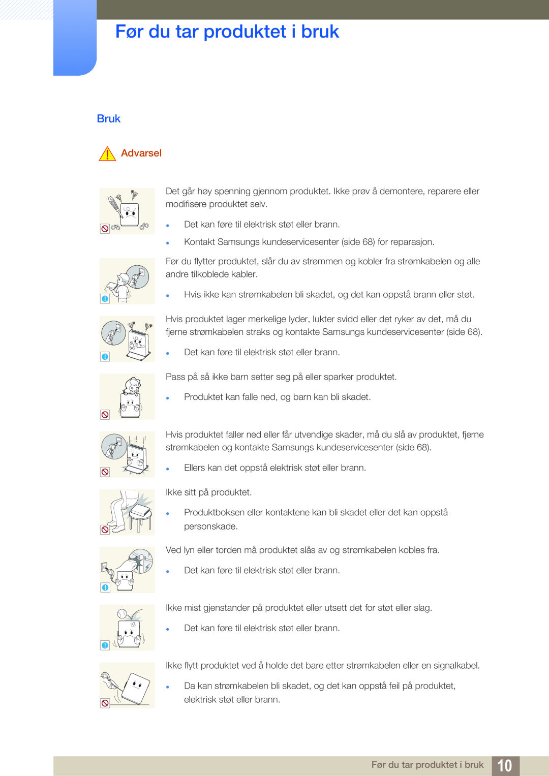 Samsung LF-NXN2N/EN, LF00FNXPFBZXEN manual Bruk, Før du tar produktet i bruk, Advarsel 