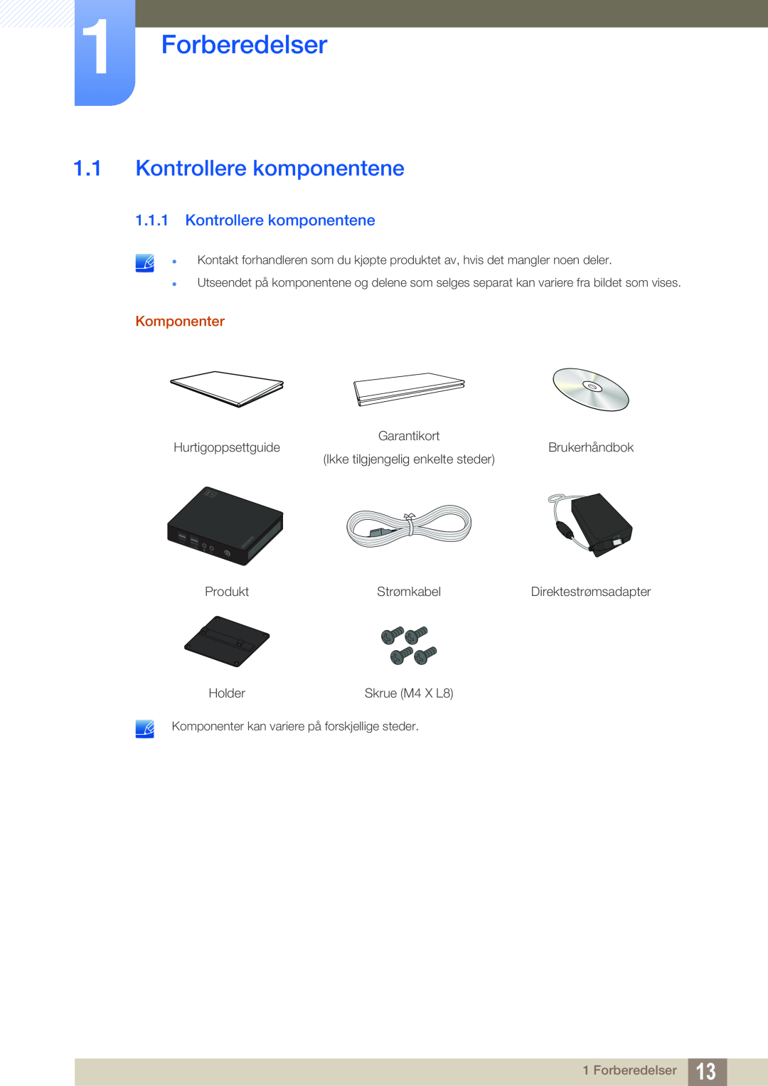 Samsung LF00FNXPFBZXEN, LF-NXN2N/EN manual Forberedelser, Kontrollere komponentene, Komponenter 