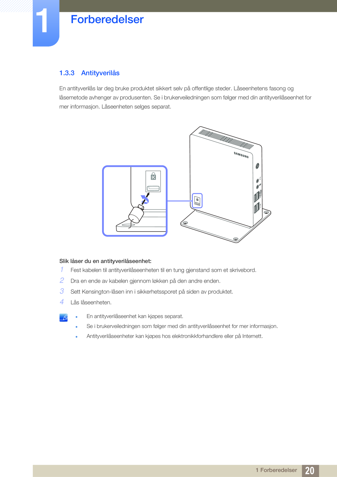 Samsung LF-NXN2N/EN, LF00FNXPFBZXEN manual Antityverilås, Forberedelser 