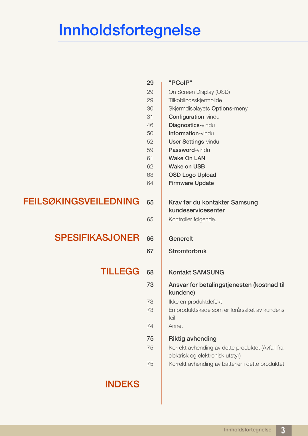 Samsung LF00FNXPFBZXEN, LF-NXN2N/EN manual Feilsøkingsveiledning, Spesifikasjoner, Tillegg, Indeks, Innholdsfortegnelse 