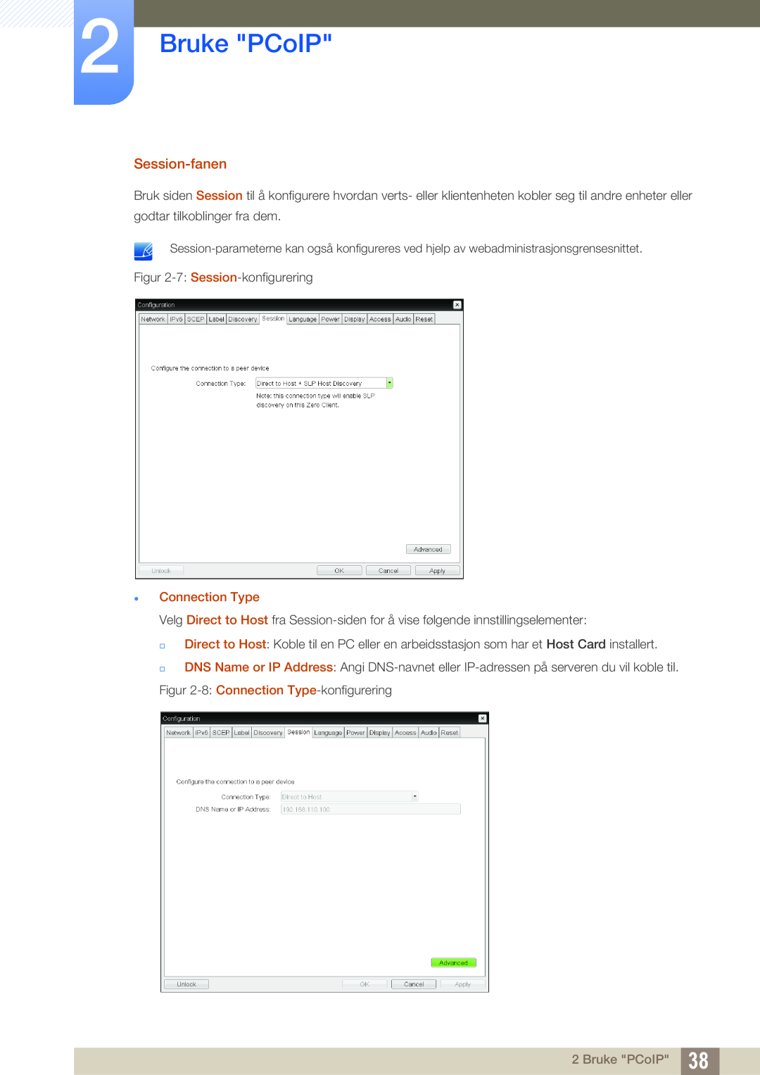 Samsung LF-NXN2N/EN, LF00FNXPFBZXEN manual Bruke PCoIP, Session-fanen,  Connection Type 