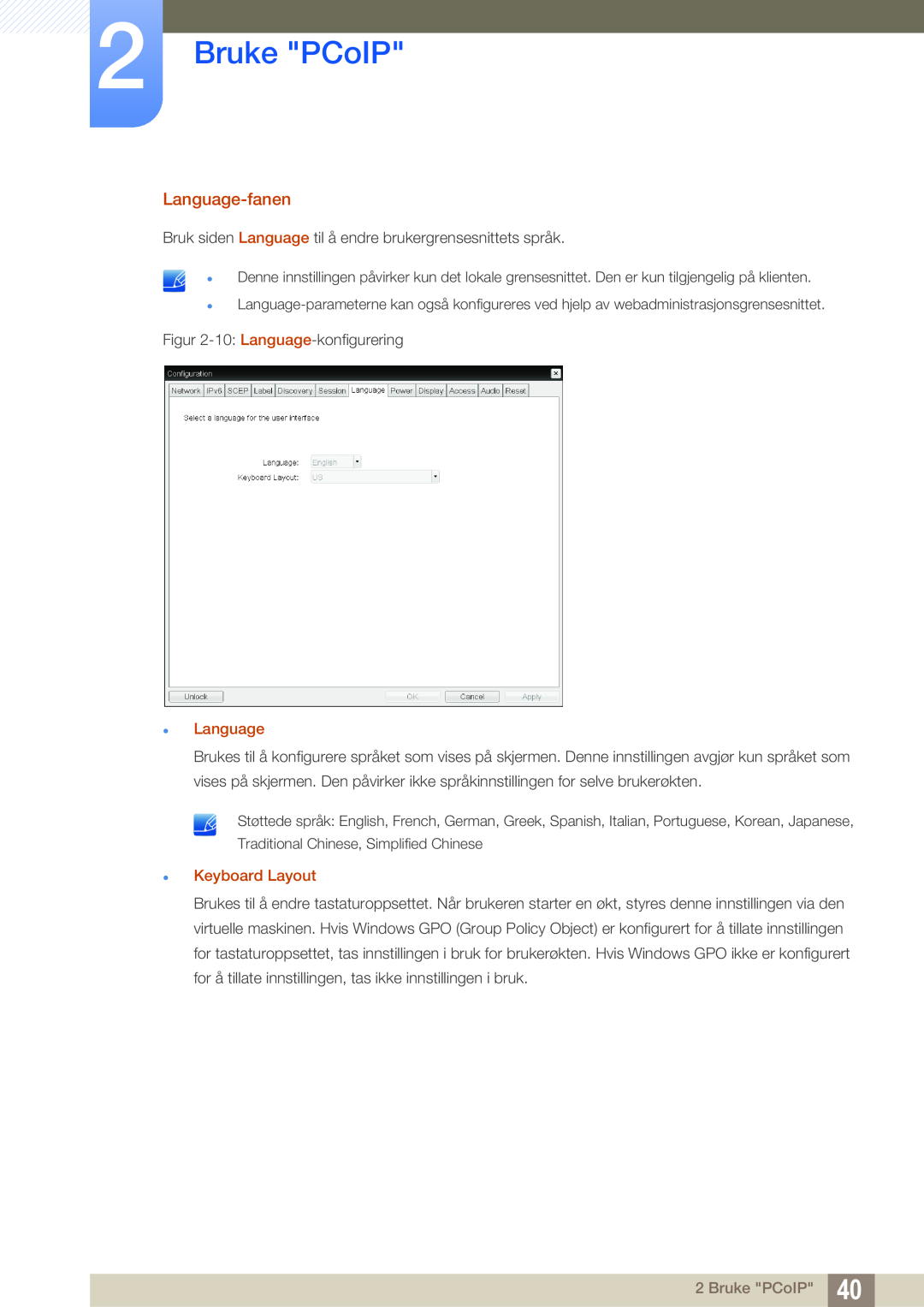 Samsung LF-NXN2N/EN, LF00FNXPFBZXEN manual Bruke PCoIP, Language-fanen, Keyboard Layout 