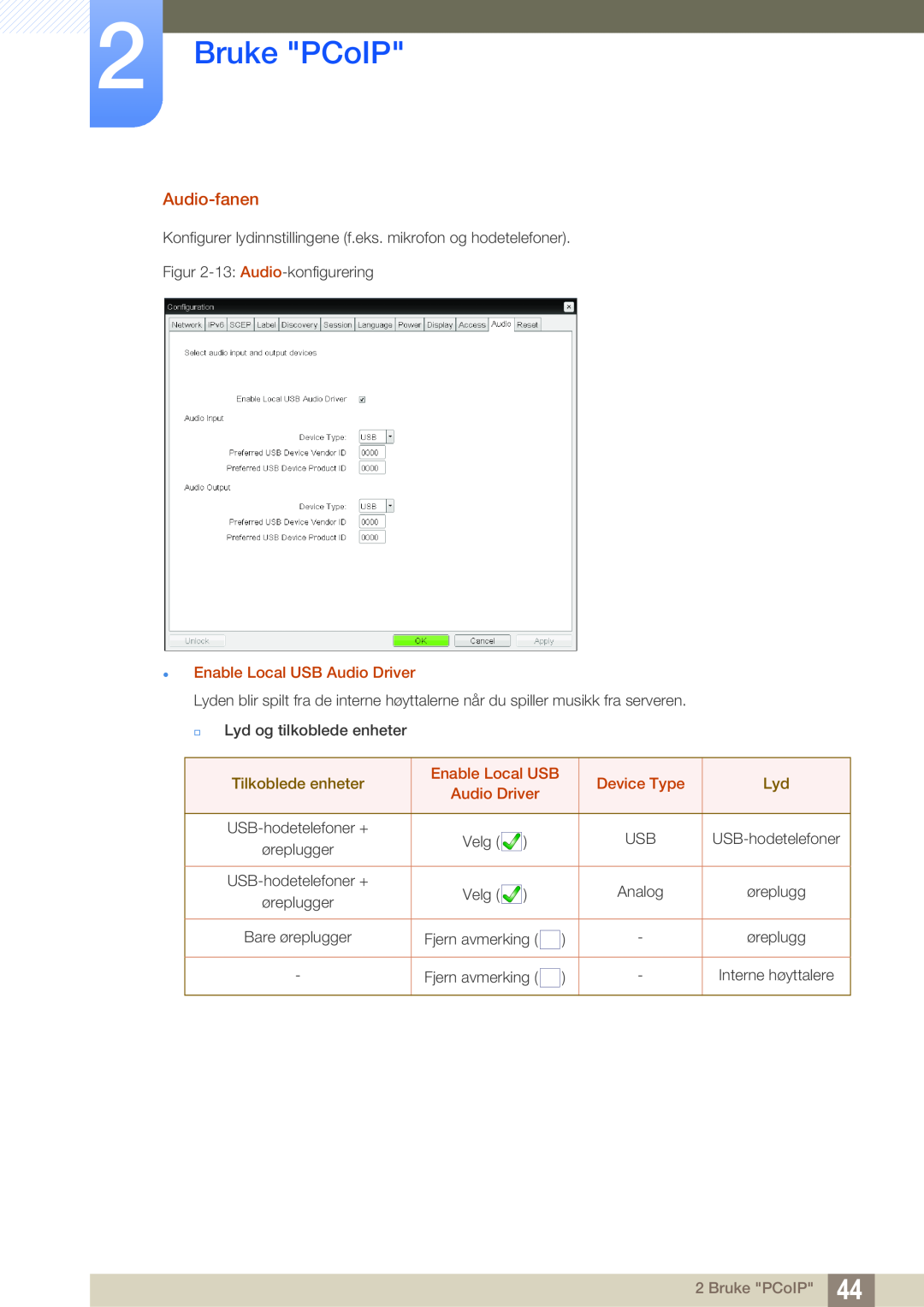 Samsung LF-NXN2N/EN manual Bruke PCoIP, Audio-fanen,  Enable Local USB Audio Driver, Tilkoblede enheter, Device Type 