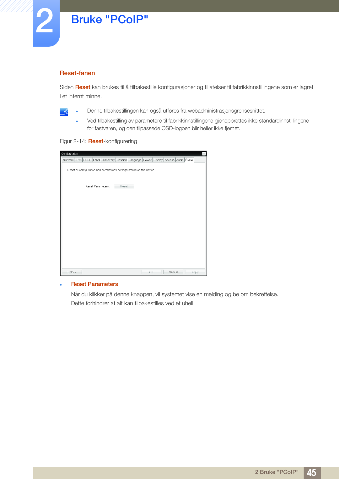 Samsung LF00FNXPFBZXEN, LF-NXN2N/EN manual Bruke PCoIP, Reset-fanen,  Reset Parameters 