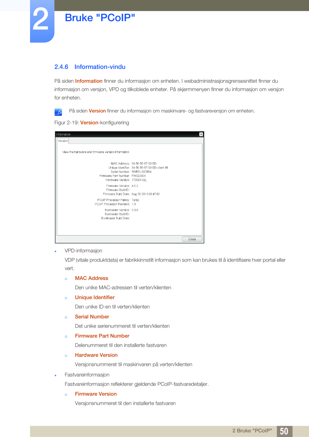 Samsung LF-NXN2N/EN, LF00FNXPFBZXEN Information-vindu, Bruke PCoIP,  MAC Address,  Unique Identifier,  Serial Number 