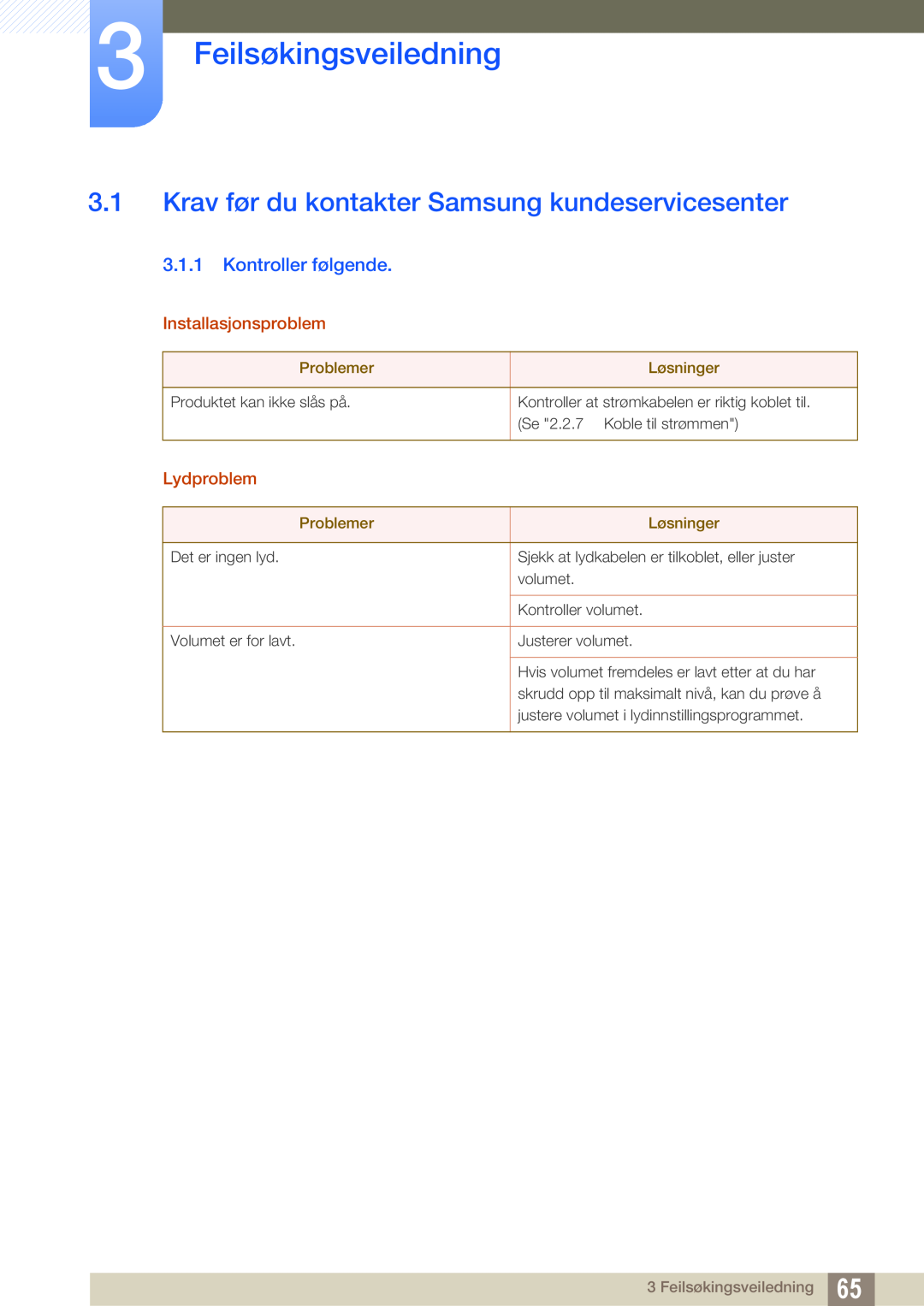 Samsung LF00FNXPFBZXEN manual Feilsøkingsveiledning, Krav før du kontakter Samsung kundeservicesenter, Kontroller følgende 